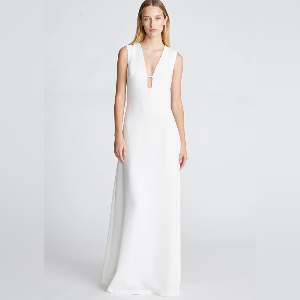 Halston Renee long dress gown in chalk white formal wedding size 8 M worn 1 hour